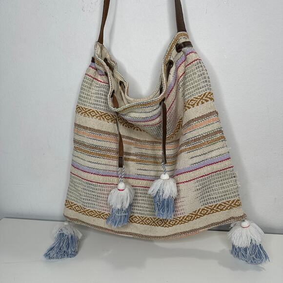 Lovestitch Tan Multicolor Striped Canvas Boho Bag Drawstring Snap Closure - Picture 5 of 16